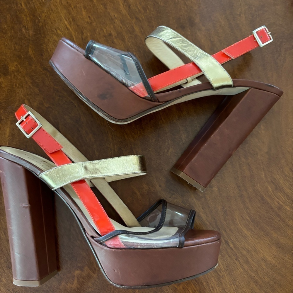 Kate Spade Platform Retro Orange Gold Brown Open Toe Chunky Heels